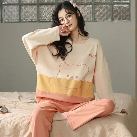 Women's Korean Smiley Face Cartoon Pajamas Set – Long-Sleeved Pullover & Trousers for Autumn/Winter