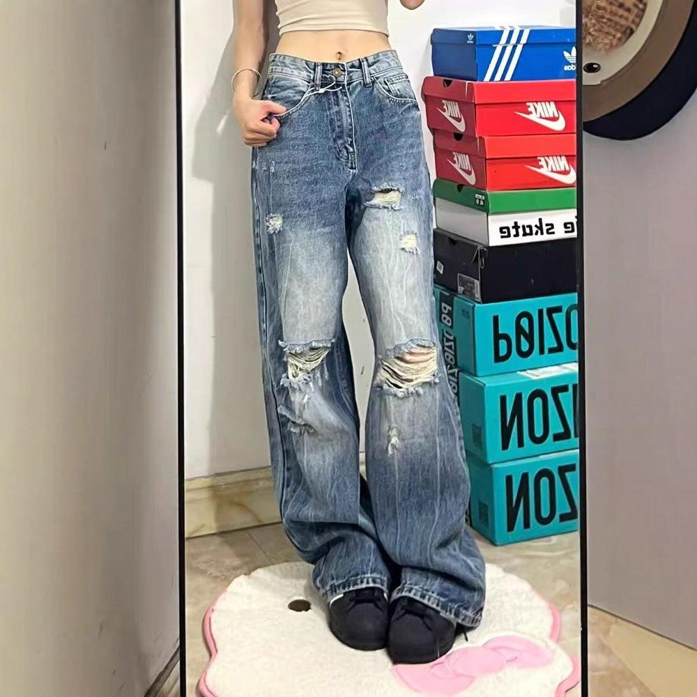 Comfortable Broken Hole Big Size Wide Leg Jeans Female Loose Hundred High Waist Trailing Straight Trousers Jeans for Women Long Denim Pants