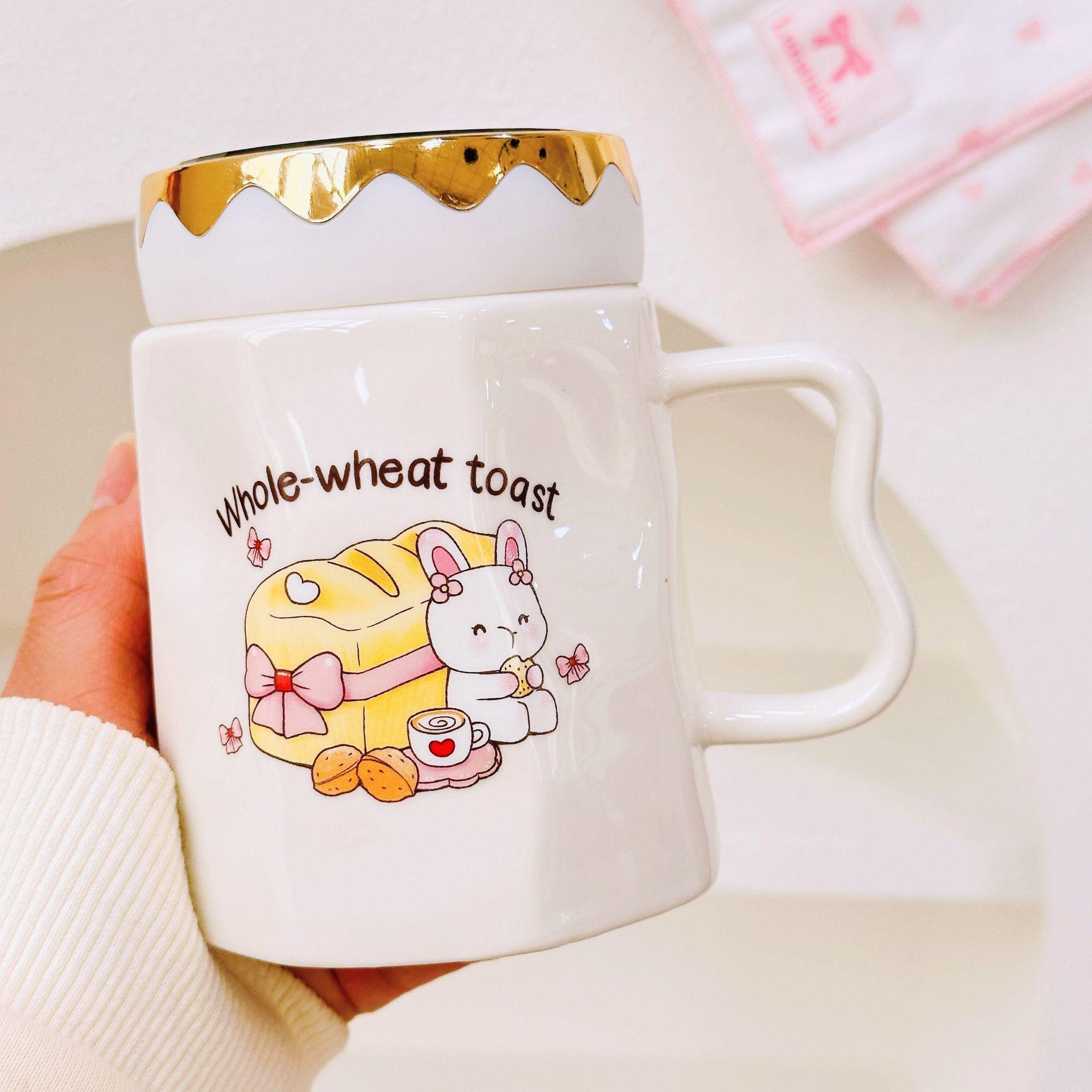 

Cute Rabbit with Lid Mirror Cup Cartoon Mug Gift Box Set Household Hand Cup Large Capacity Ceramic Cup 400ML