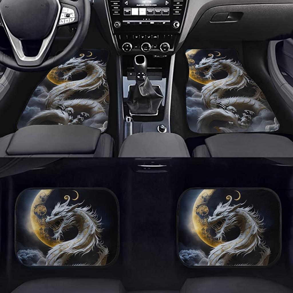 For Most Cars  Non-slip Car Front And Rear Rubber Floor Mats  Sedans 4pcs White Dragon Printed Dirt Resistant Car Floor Mats  SUVs