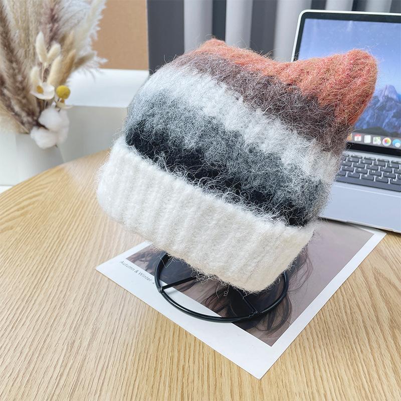 Retro contrasting color cat ears knitted hat female autumn and winter cartoon cute thickened warm ear protector wool cold hat