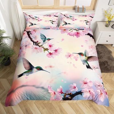 Copripiumino Floreale Colibrì Set Biancheria da Letto Uccelli Blu Verde Primavera Animali Selvatici Coperta Trapuntata Botanica Coperta Trapunta in Poliestere