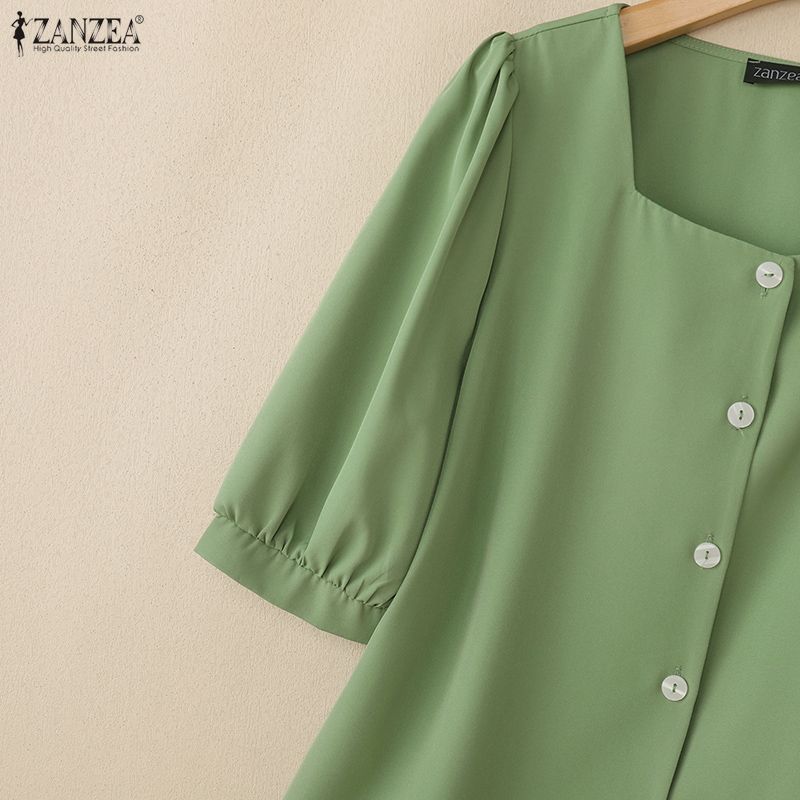 ZANZEA Women Casual Square Collar Solid Color Loose Half Sleeve Blouse