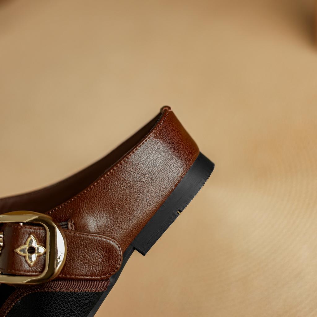 Fashion Women's new leather cowhide round head metal belt buckle with raised middle heel and toe cover, Mueller slippers