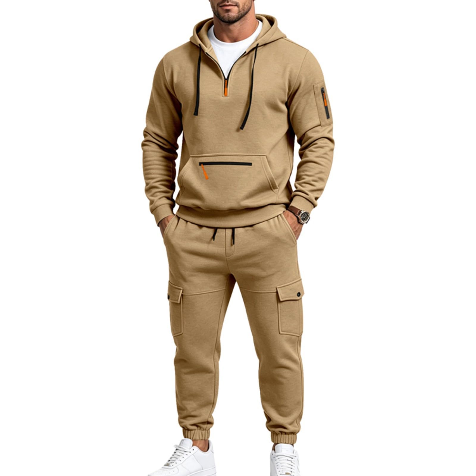 Herren Kapuzenpullover und Jogginghosen Set mit Futter Lockerer Schnitt Outdoor Freizeit Sportbekleidung L khaki