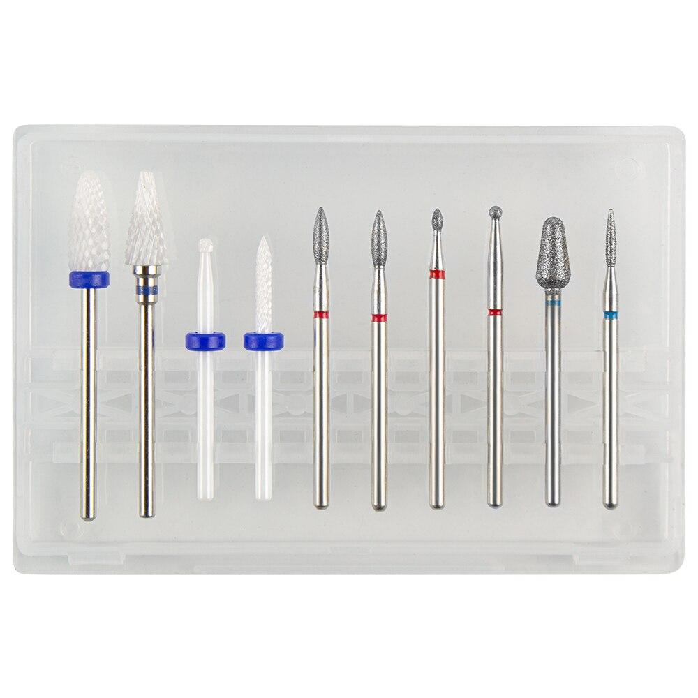 Sada 10ks fréz na manikúru Keramické vrtáky na nehty Čistič kartáč Diamantový mlýnek Příslušenství pro odstranění gelového laku