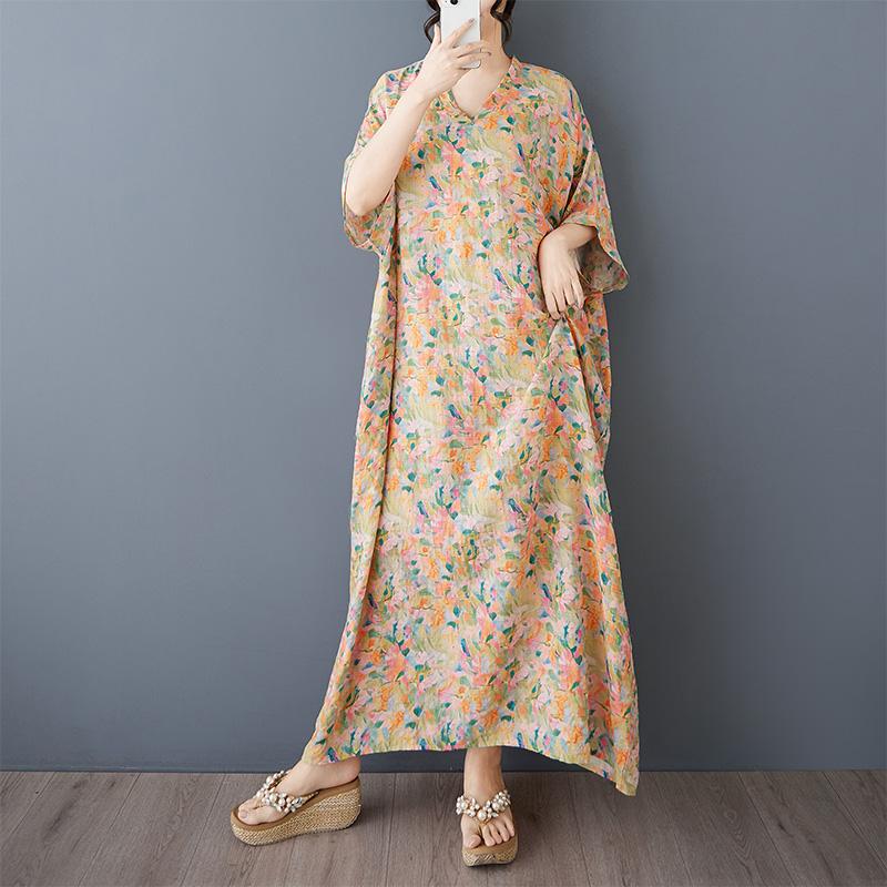Dimanaf 2025 Summer Plus Size Dress Women Casual V-Neck Vintage Shirt Dress Loose Basic Printing Dress