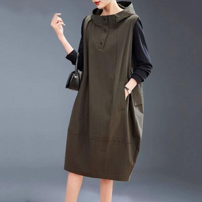 Fashion Casual Dress for Women: Autumn Korean Style Hooded Color Block Patchwork Long Dress