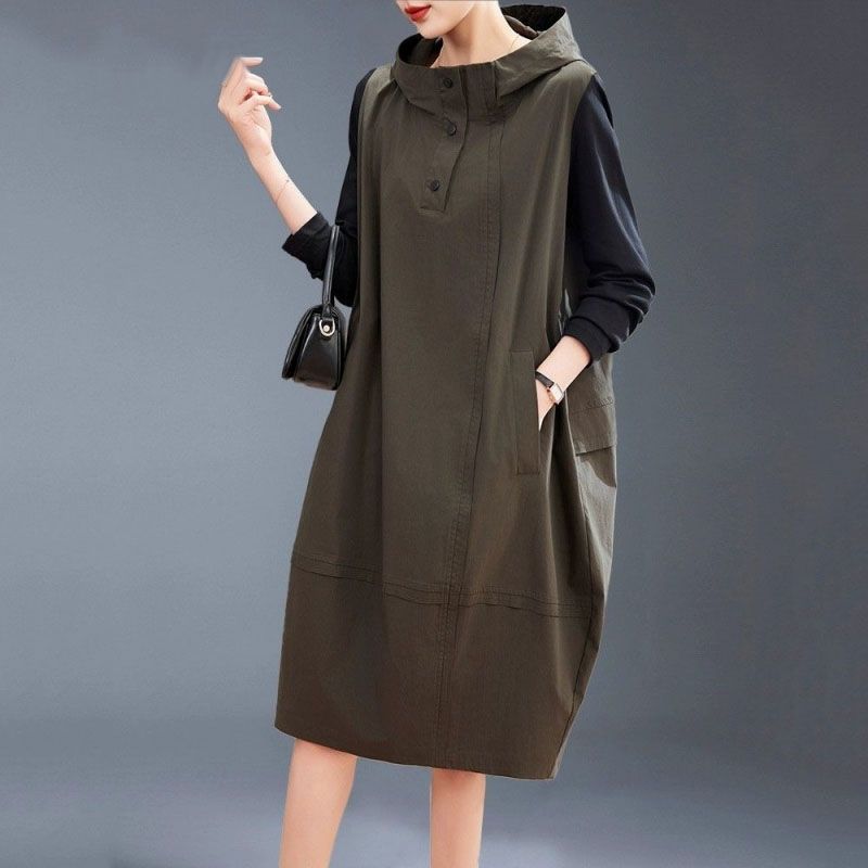 Modische Freizeitkleidung für Damen: Herbst Koreanischen Stil Mit Kapuze Farbblock Patchwork Langes Kleid