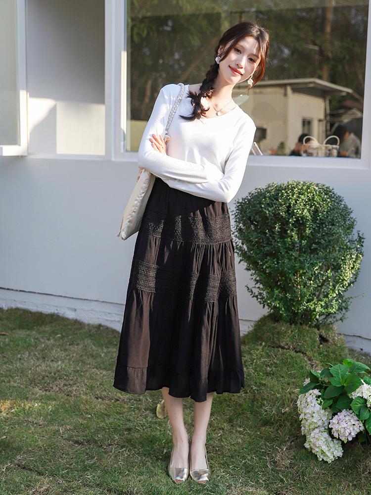 Feiyuan Damen Frühling Weißes Spitzen-Patchwork Midi-Rock in Pfirsichfarbenem Krepp-Tencel