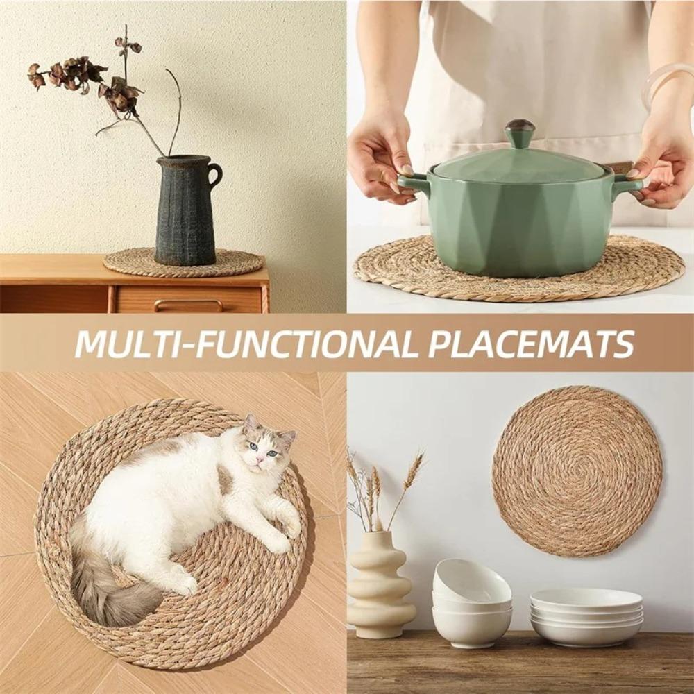 Round Handwoven Rattan Placemats Non-Slip Heat Resistant Heat Insulation Mats Natural Woven Table Mats Home Decoration