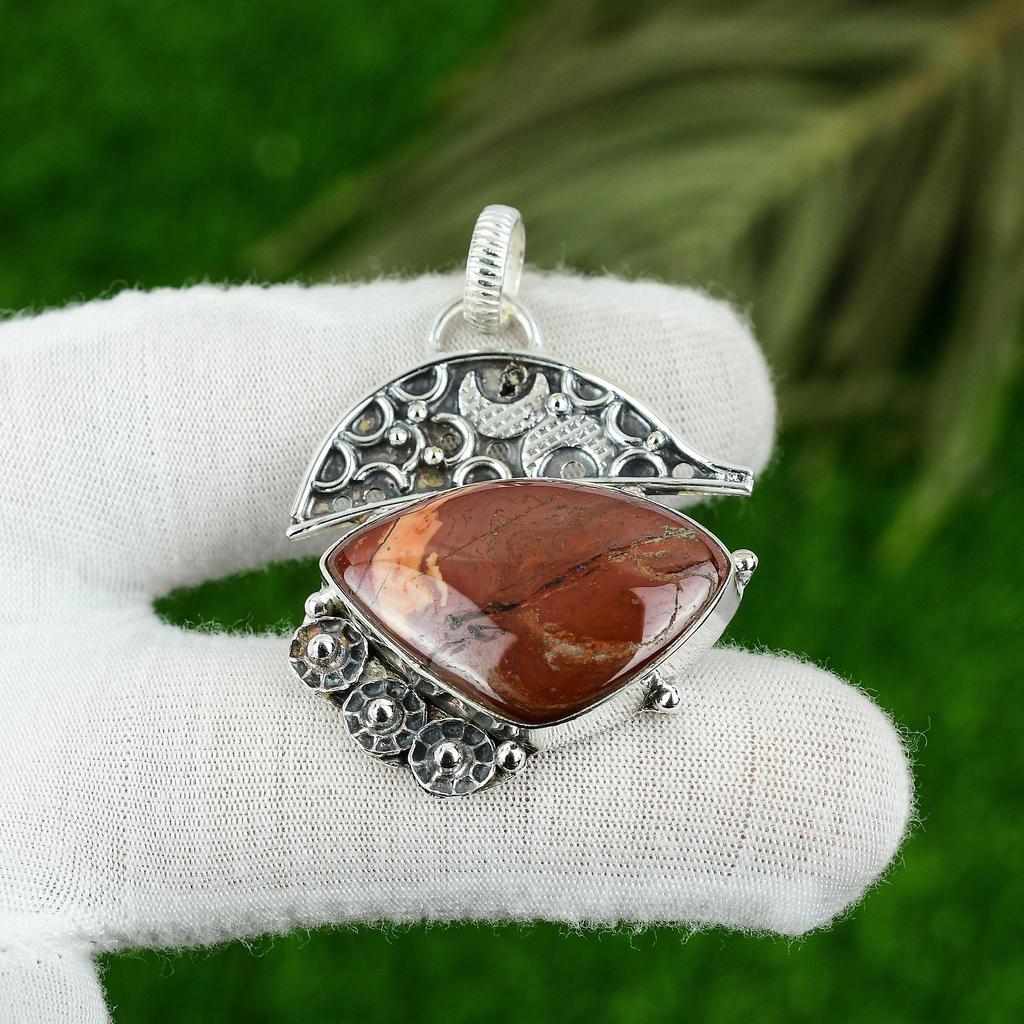 Natural Red Snakeskin Jasper Gemstone Pendant 925 Sterling Silver For Girls