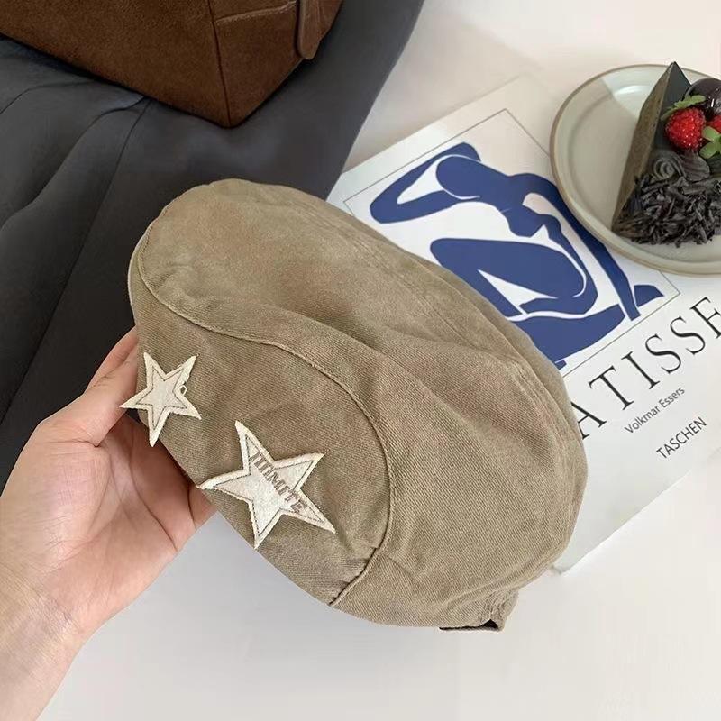 American Retro Star Beret, British Casual Face Enhancing Small Artist Hat, Simple and Versatile, Suitable for Spring and Summer