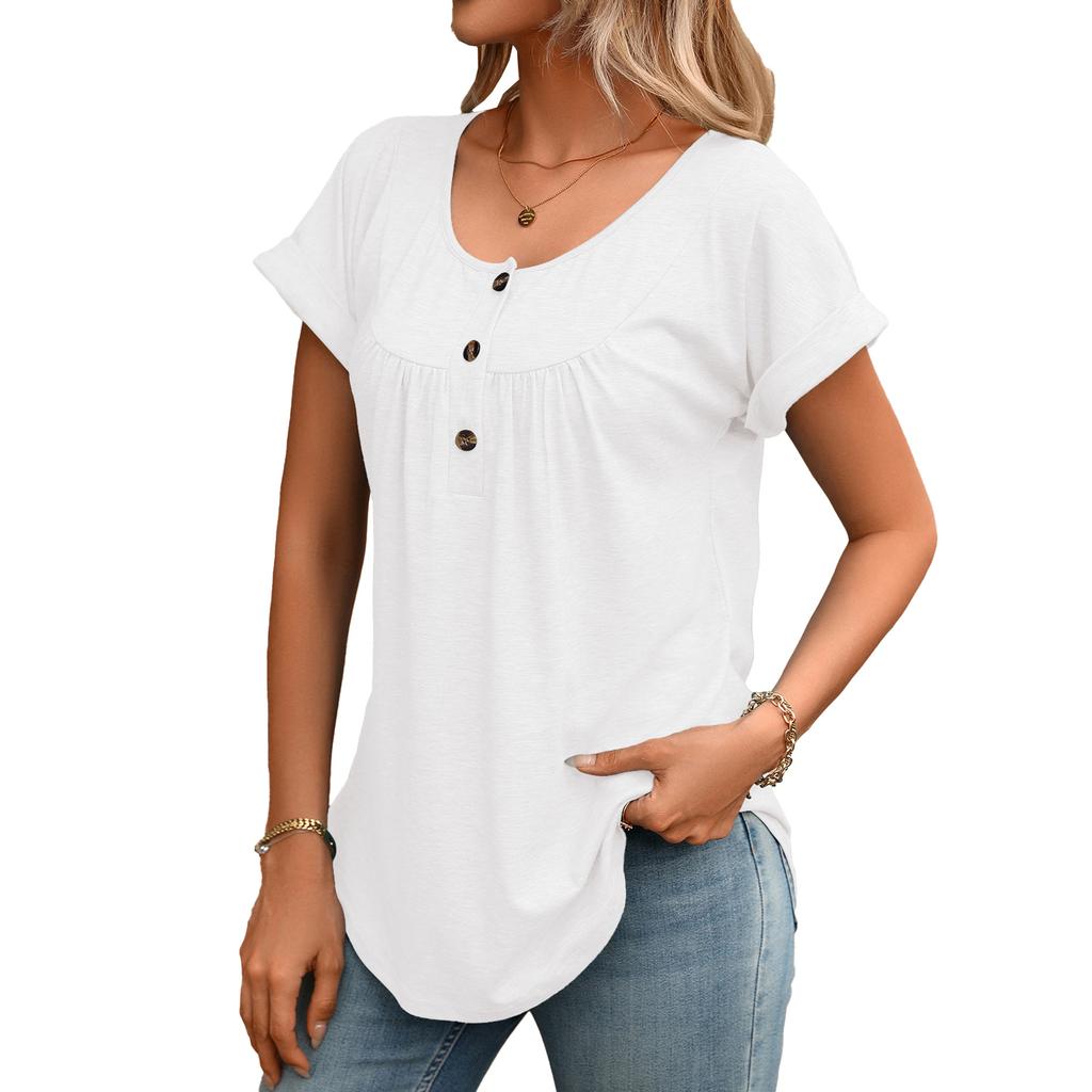European Style Summer Solid Color Round Neck Button Loose Fit Short Sleeve T-Shirt Women