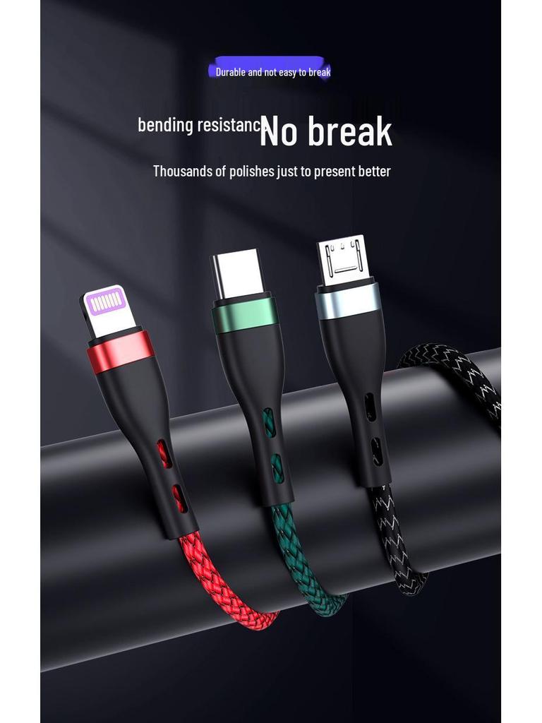 3-in-1 66W Fast Charging Cable for Apple/Android, 6A Aluminum Alloy Braided.