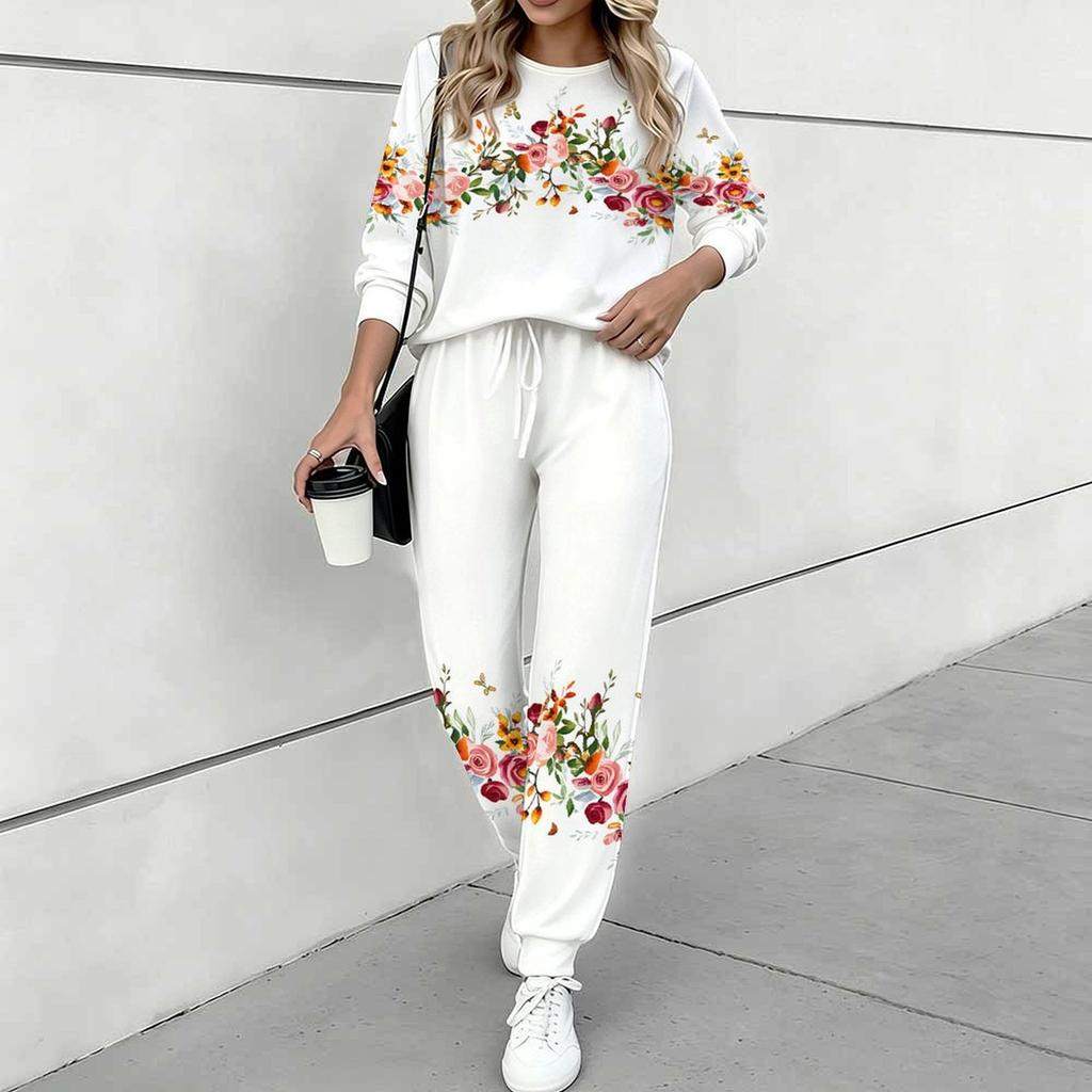 Conjunto de dos piezas con estampado floral para mujer, Top de manga larga con cuello redondo y Pantalones joggers con cordón, Chándal casual para primavera y otoño