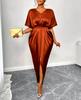 Spot 25 Summer New European and American Women's Clothing, Solid Color Satin V-neck Short-sleeved Waist Slit Dress