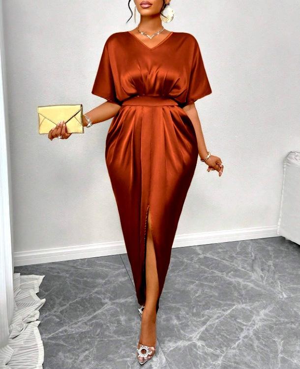 Spot 25 Summer New European and American Women's Clothing, Solid Color Satin V-neck Short-sleeved Waist Slit Dress