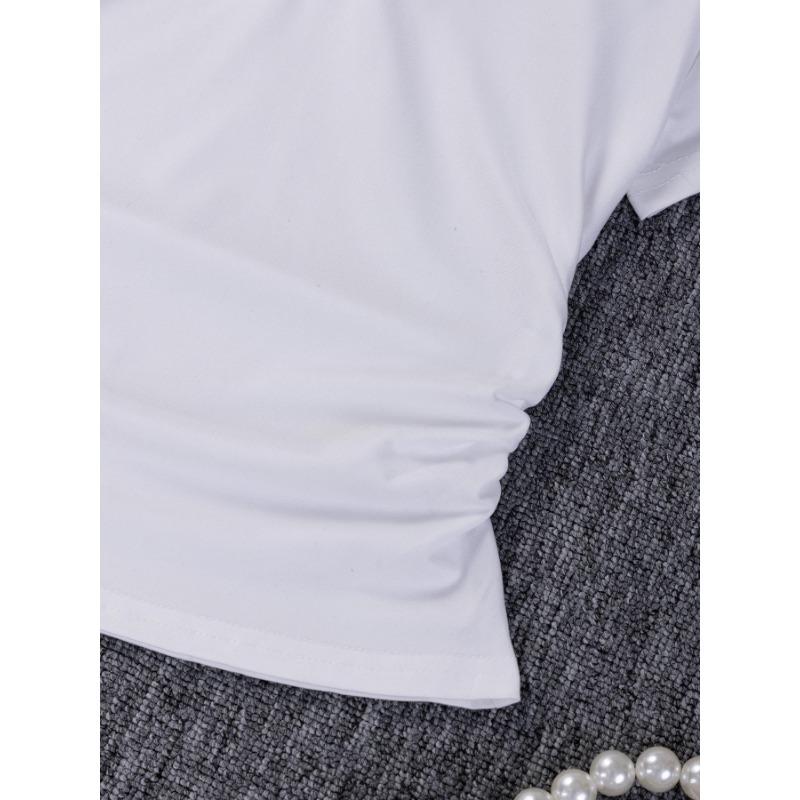 Women's Side Pinch Pleat Waist Closing Scissor Neck V-Neck Stretch Cotton Solid Colour Peplum Summer Short Sleeve T-Shirt