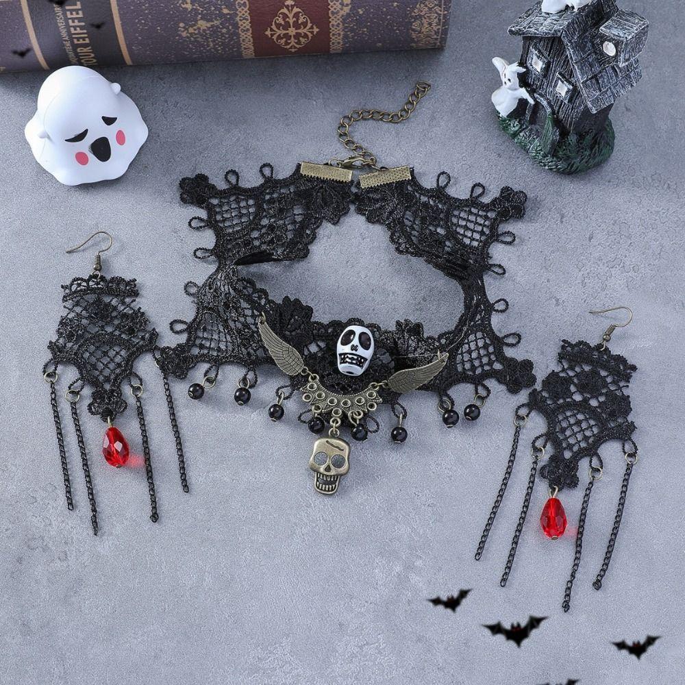 Bracelet Halloween Necklace Exaggerated Gothic Earrings Lace Flower Jewelry Set Halloween Costume
