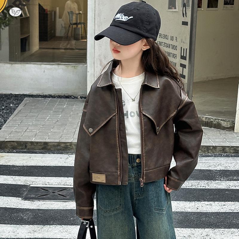 Girls' Trendy Leather Lapel Jacket - Spring/Autumn 2025