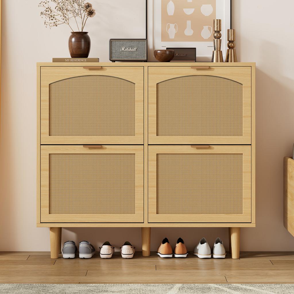 Schuhschrank mit 4 Klappschubladen, Rattan mit Metallgriffen, für Flur, Schlafzimmer, Wohnung, Landhausstil, Maße: 100 x 25 x 90 cm