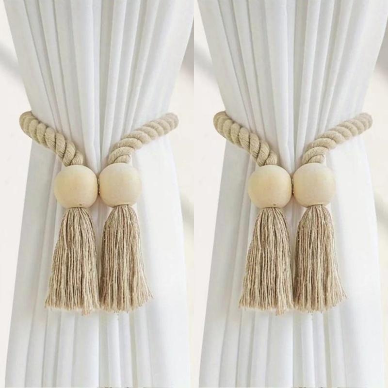 2PC Simple Fringe Beaded Curtain Strap No Punch Magnetic Multi-Purpose Home Curtain Accessories