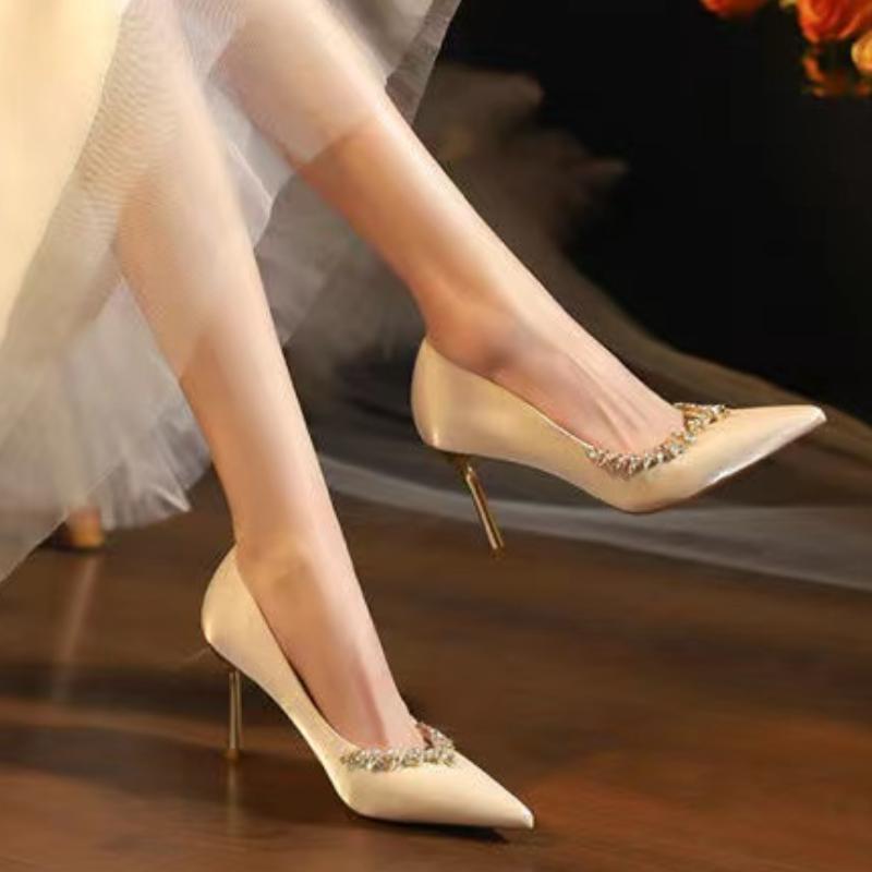 Fashion 2025 Women New Fine Heels Pointy French Temperament Rhinester Single Shoes Bridesmaids Wedding Shoes
