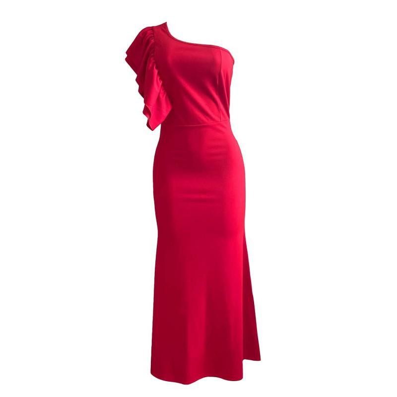 

Women s Wear High Waist Slanted Shoulders Temperament Commuting Pure Color Long Dress European American Large Size L