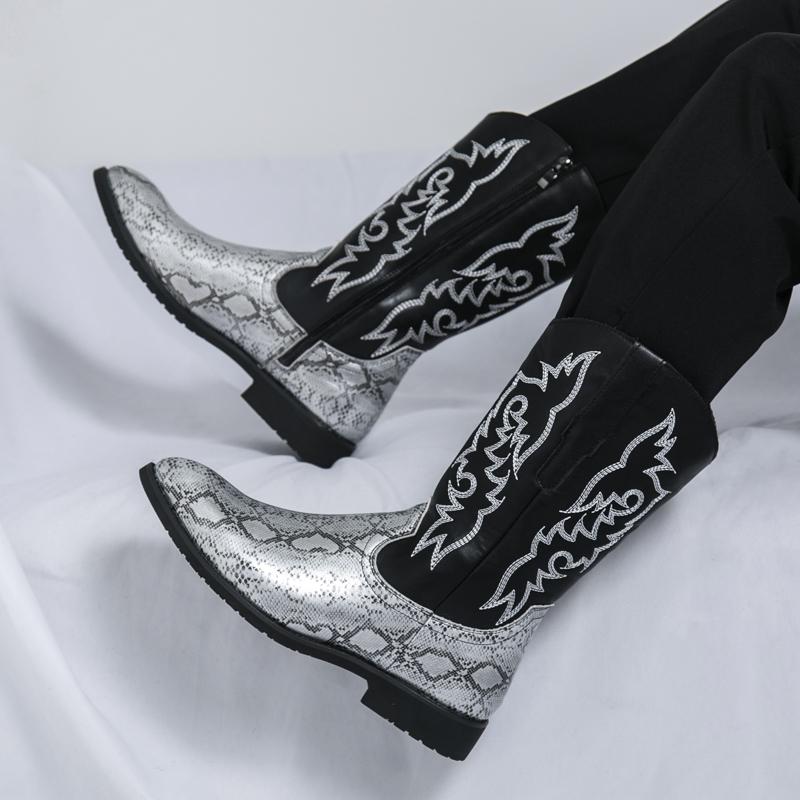 Knight pointed leather boots Fashionable embroidery styles Outdoor street walking motorcycle Daily Trendy Party Adult shoes