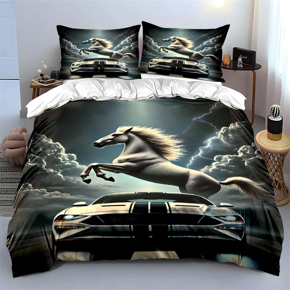 White Horse Thunderstorm Car Art Bedding Duvet Cover Set (1*Duvet Cover 2*Pillowcases, Without Duvet Insert)