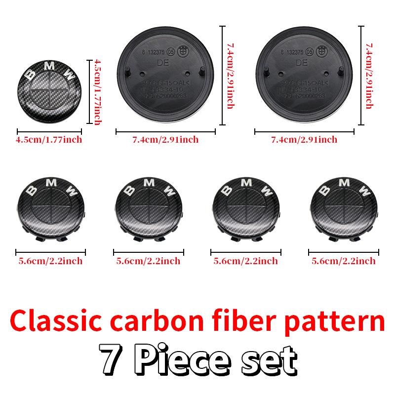 For BMW E46 82mm Hood F10 74mm Trunk Emblem 7Pcs Full Black Carbon Fiber Badge Set E90 68mm Wheel F30 Steering G20 X5 M4 Auto