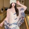 Small fresh white floral silk scarf women's summer travel buckle sunscreen large shawl beach towel thin yarn scarf scarf