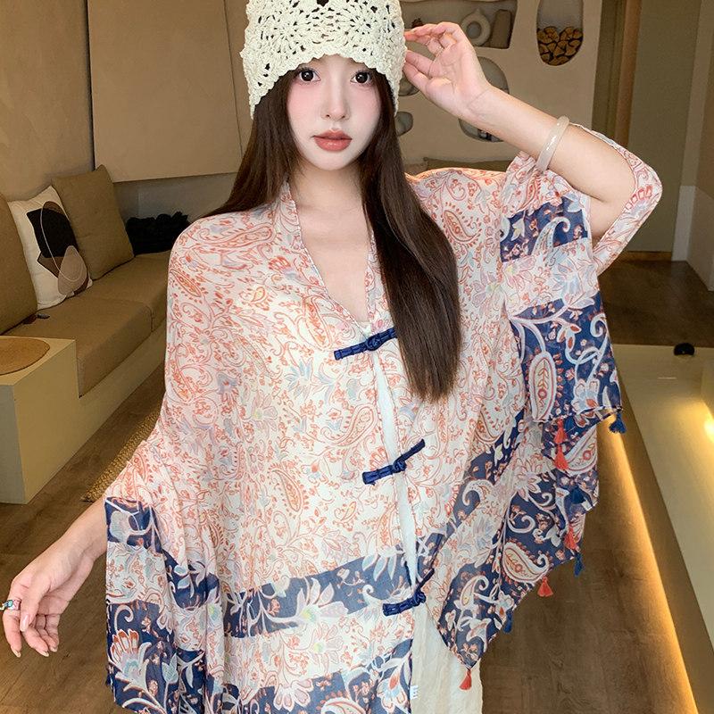Small fresh white floral silk scarf women's summer travel buckle sunscreen large shawl beach towel thin yarn scarf scarf