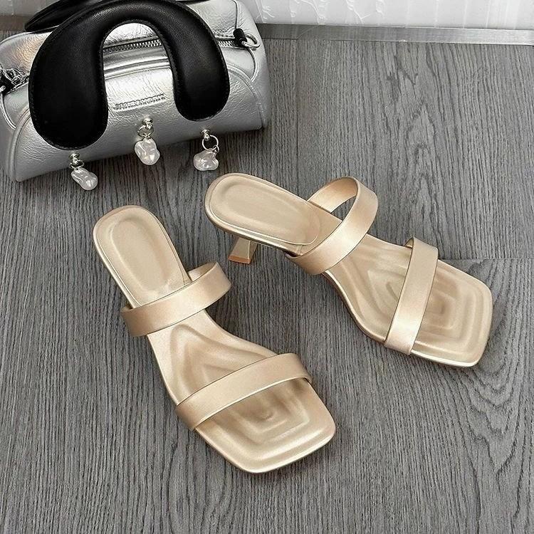 

Женские туфли-шлепанцы на высоком каблуке с квадратным носком, роскошные босоножки на каблуке для вечеринки, новая летняя обувь 2025, сексуальные дизайнерские женские туфли-лодочки 40 шампанского
