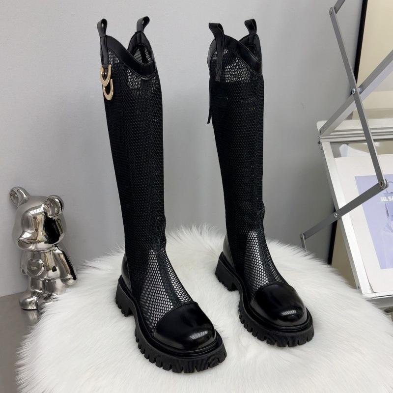 Leather Hollow Boots Women's Knee 2025 New Spring and Summer Breathable Mesh High Boots Thick-soled Thin Boots