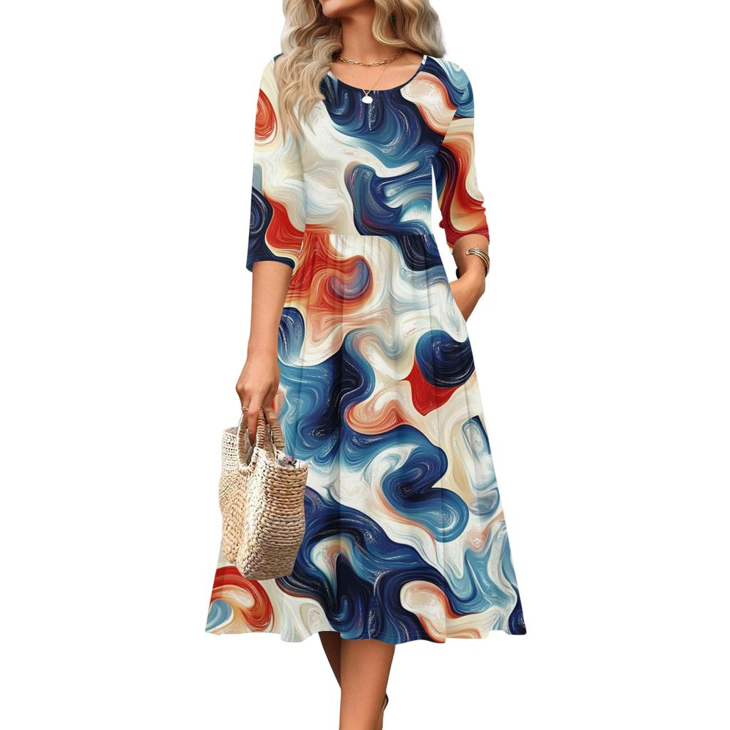 Women's Independence Day Dress - Casual Midi, Round Neck, Three Quarter Sleeves, Ruching Waist, for Spring Fall Parties