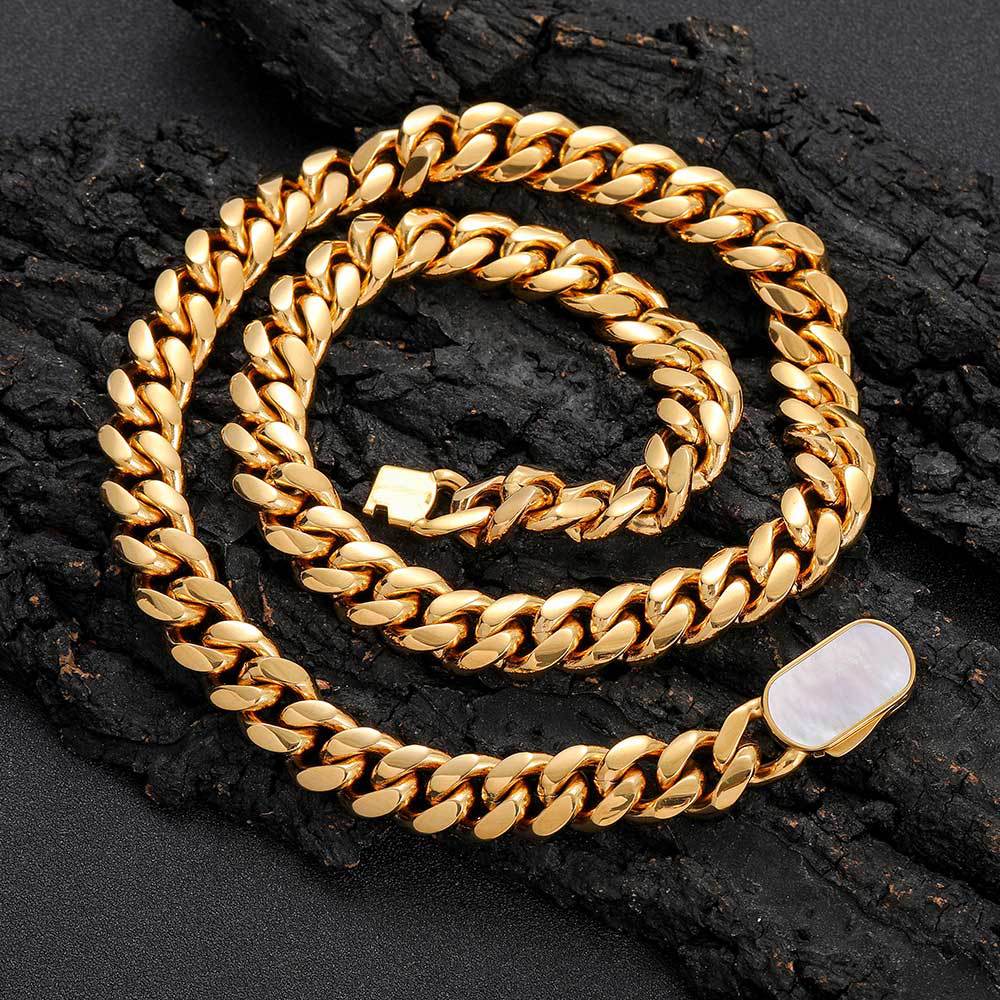 Cross Border Trend 18K Gold Plated Stainless Steel Hip Hop Bright Surface Cuban Necklace Men and Women Jewelry