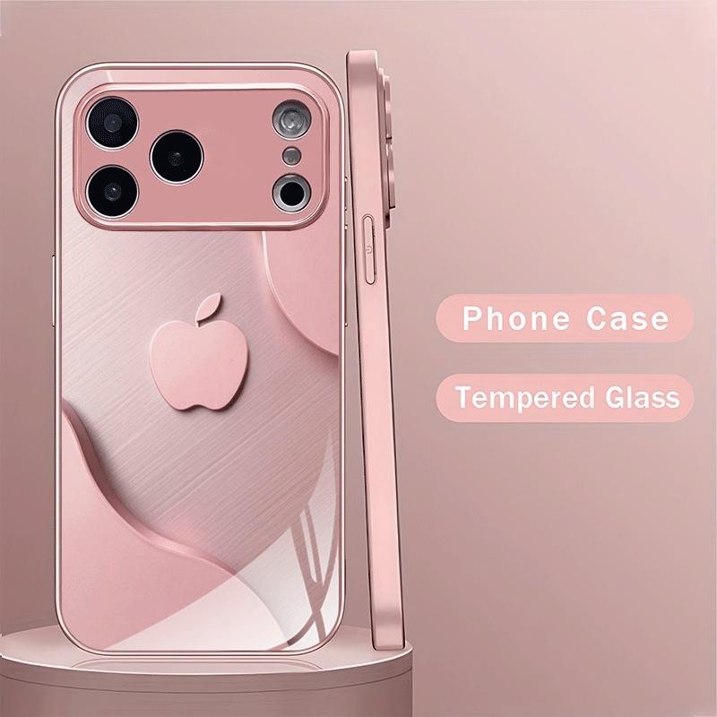 Funda de Cristal Metálico Rosa Claro de Lujo con Patrón de Manzana para iPhone 17 16 15 14 13 12 11 Pro Max Plus 17Air 16E