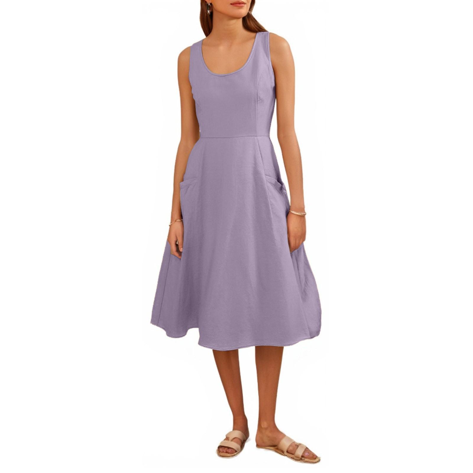 

Жіночі повсякденні однотонні бавовняні сукні з круглим вирізом і кишенями без рукавів S фіолетовий