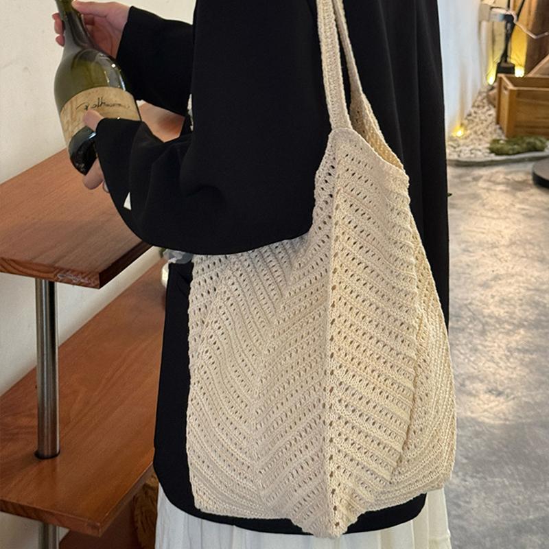 Yogodlns Solid Color Crochet Tote Handbag Summer Beach Scarf Decor Fashion Women's Mesh Woven Shoulder Bags Large Capacity Knitting Underarm Bag