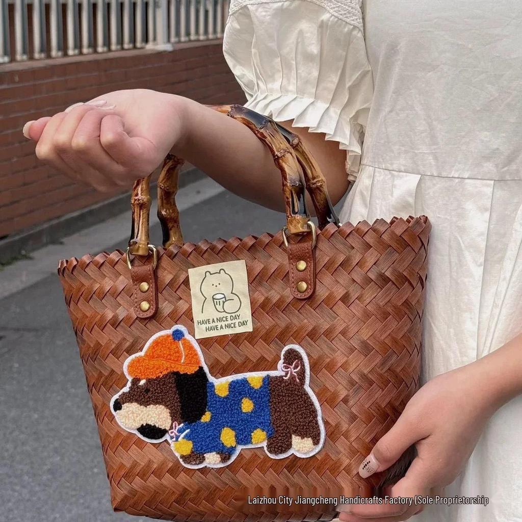 Elegant Handmade Bamboo Woven Tote – Stylish Rattan-Style Beach & Makeup Bag