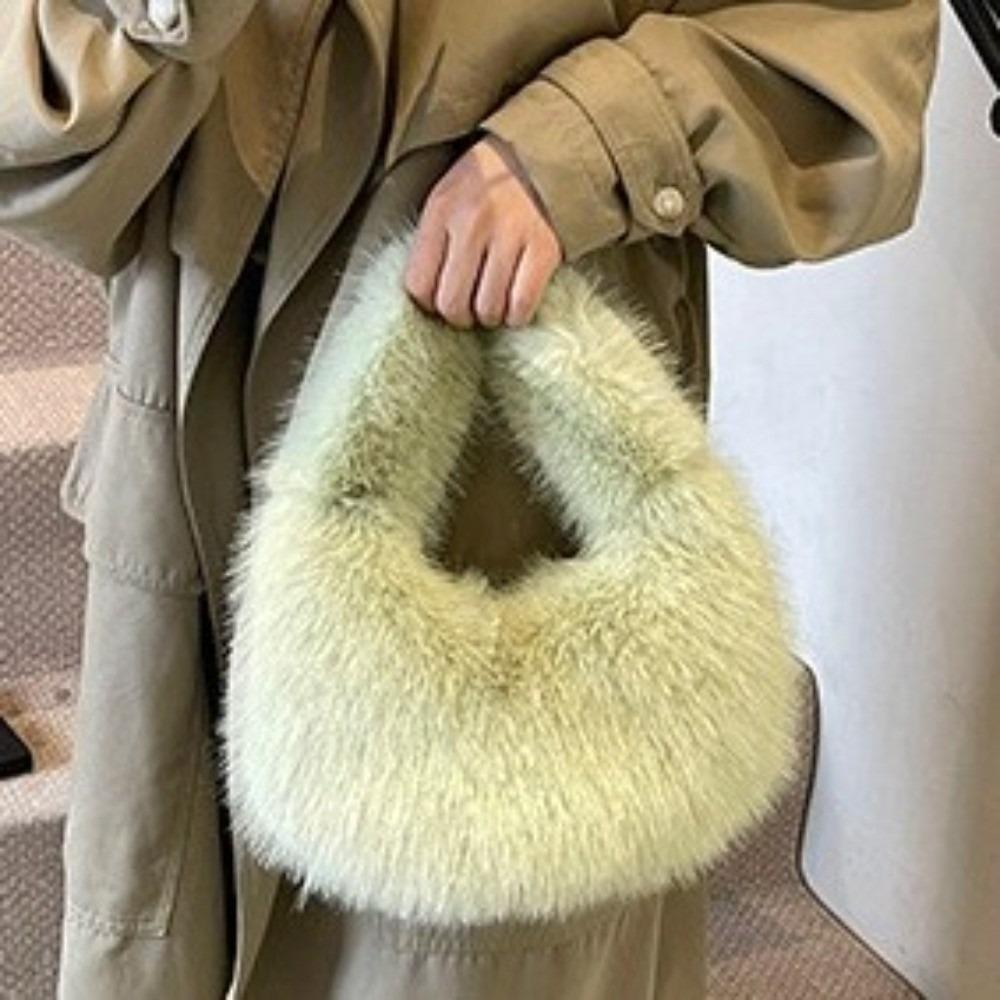Elegant Faux Furry Texture Purse Half Moon Shape Tote Bag Trend Plush Clutch Handbags Winter