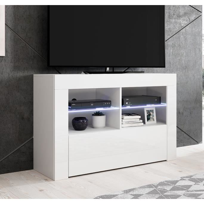 Meuble TV de salon avec LED | Blanc brillant | 1 Porte avec 6 Compartiments | 100 x 65 x 35cm | Modèle Lilian
