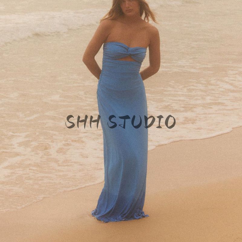 Summer New Product Women's Clothes Sexy Wind Ruched Decoration V Neck Opening Design Tube Top Long Dress 3152367