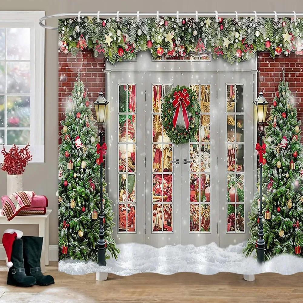 Christmas Backdrop Shower Curtain Holiday Gifts Fireplace Christmas Tree Garland Fabric Bath Curtains Bathroom Decor With Hooks