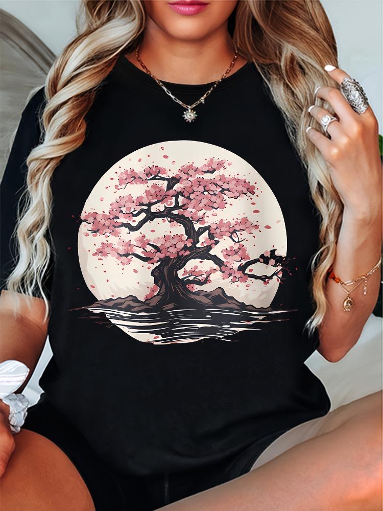Pink Cherry Blossom Print Women's T-shirt Harajuku Y2K Cherry Blossom Short-sleeved T-shirt for Japanese Culture Enthusiasts