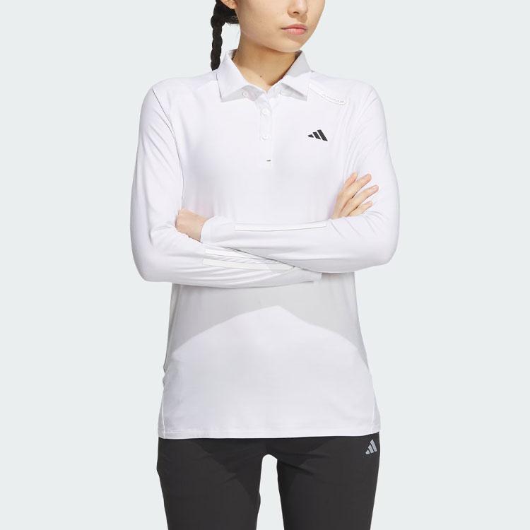 Adidas Stretch Long Sleeve Polo Shirt Solid Logo Golf Women Tops White HZ6107