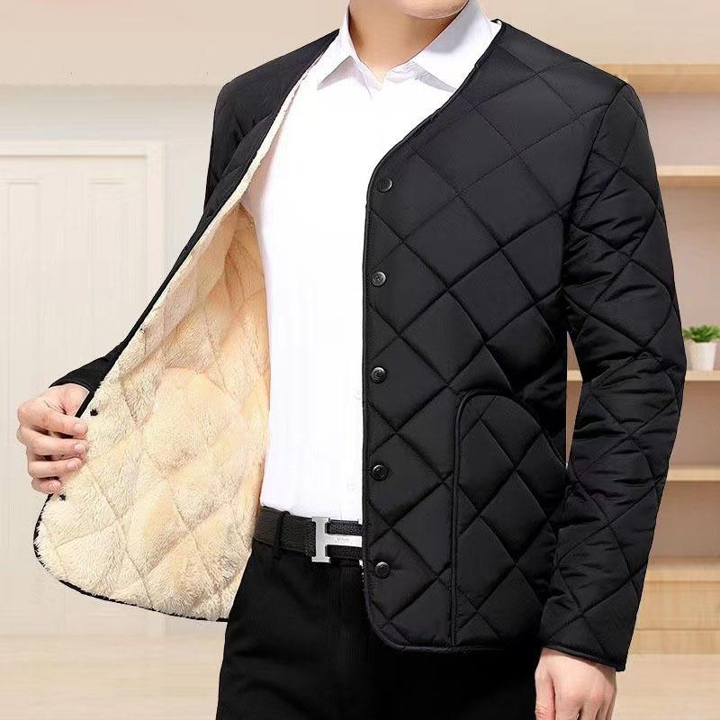 

Men Winter Fall Coat Thick Padded Stand Collar Neck Protection Warm Long Sleeve Pure Color Plus Size Soft Single Breasted Pockets Cardigan L чёрный