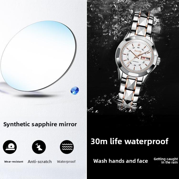JINSHIDUN Tungsten Steel Mechanical Watch, Waterproof Double Calendar Ladies' Watch